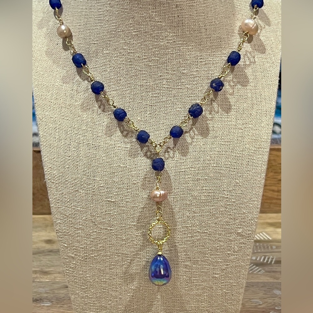 Blue African Recycled Glass & Freshwater Pearl Acrylic Water Drop Necklace
